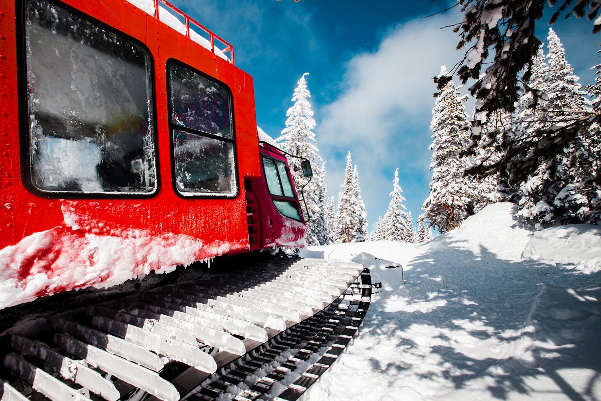 A close up of a Cat Skiing machine at RED Mountain Resort in the Kootenay Rockies
